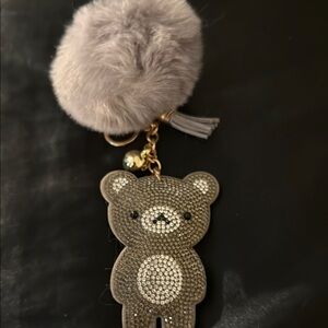 Gray Teddy Bear Keychain with Pom Pom